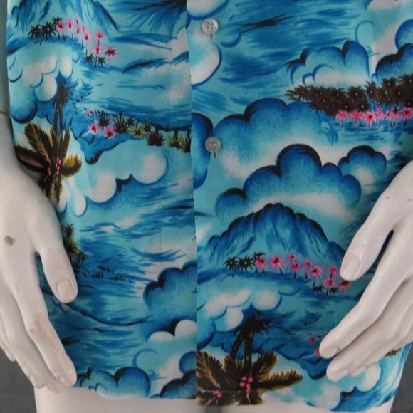 Vintage Hawaiian Aloha Shirt - Ocean Pattern with Neon Palm Trees - Men's Large - Picture 4 of 10